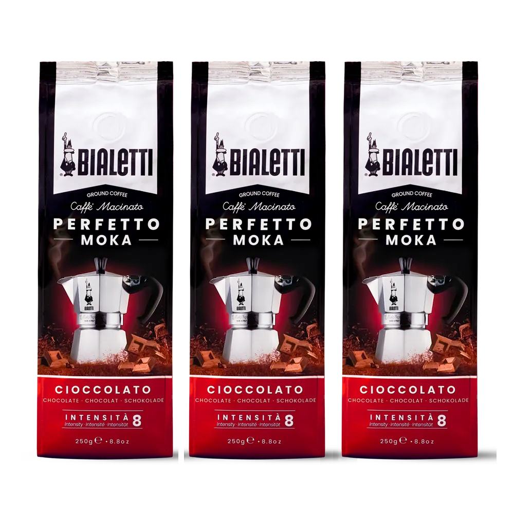 3 שקיות של 250 גרם קפה ביאלטי טחון למקינטה בטעם שוקולד - Bialetti Perfetto Moka Cioccolato