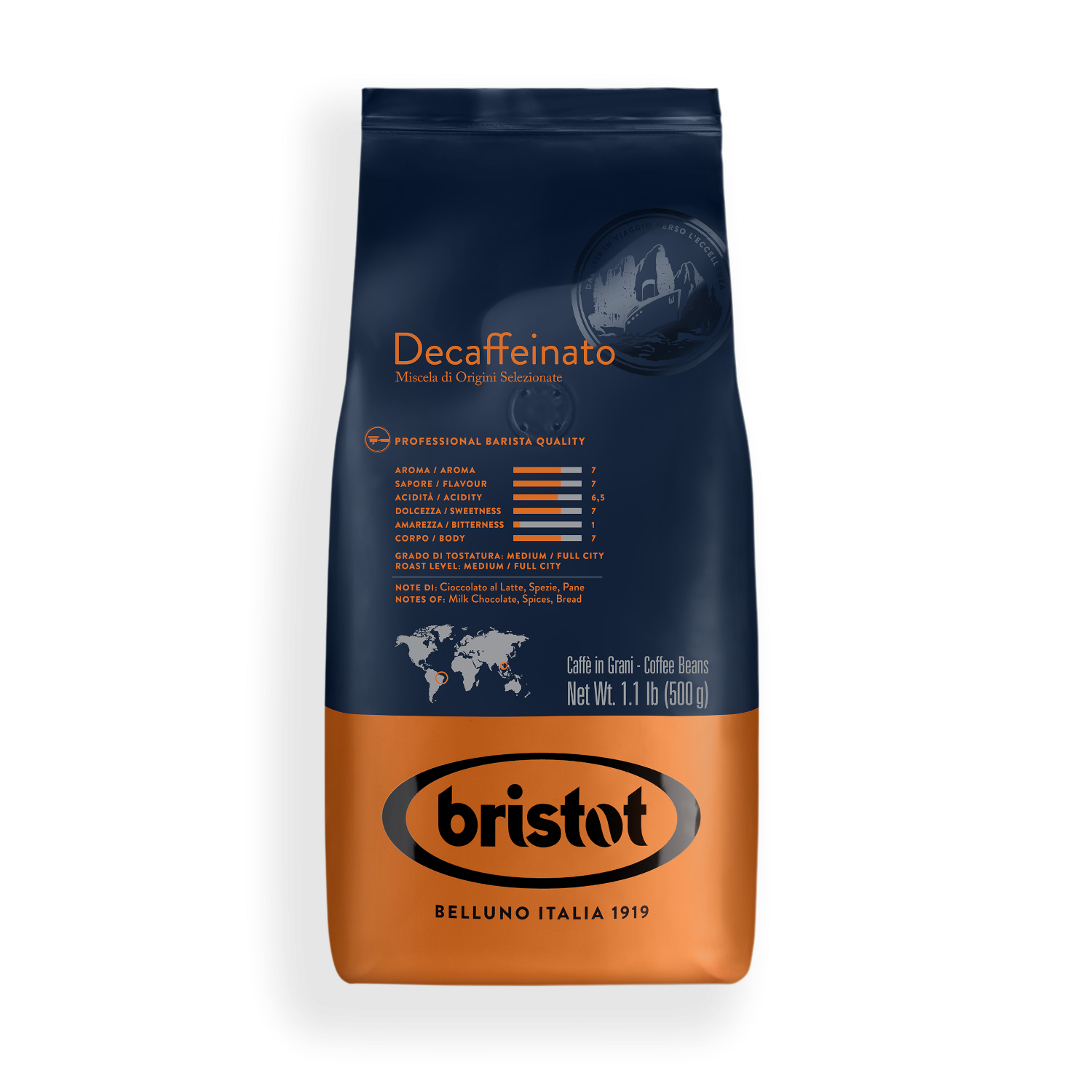 500 גרם פולי קפה בריסטוט נטול קפאין Bristot Decaffeinato