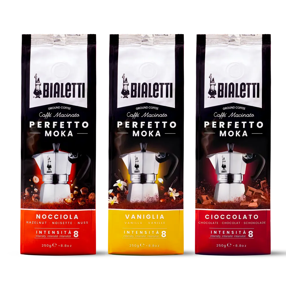ערכת טעימות - 3 שקיות של 250 גרם קפה ביאלטי טחון למקינטה בטעמים - Bialetti Perfetto Moka
