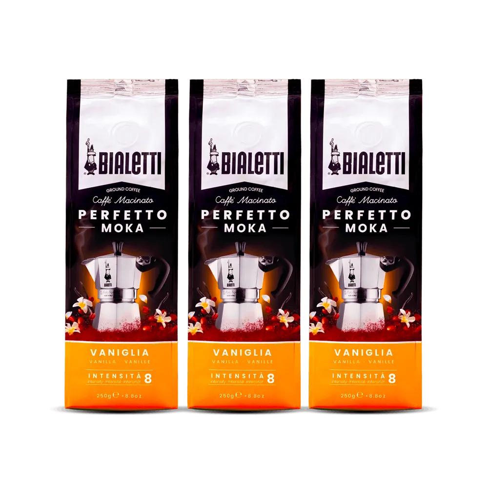 3 שקיות של 250 גרם קפה ביאלטי טחון למקינטה בטעם וניל - Bialetti Perfetto Moka Vaniglia