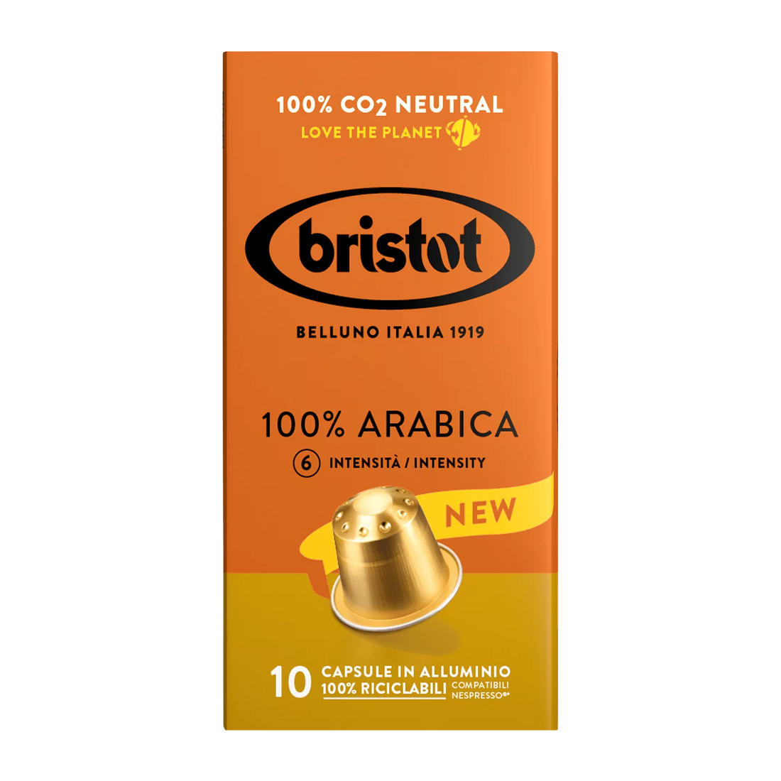 10 קפסולות אלומיניום Bristot 100% Arabica תואמות נספרסו
