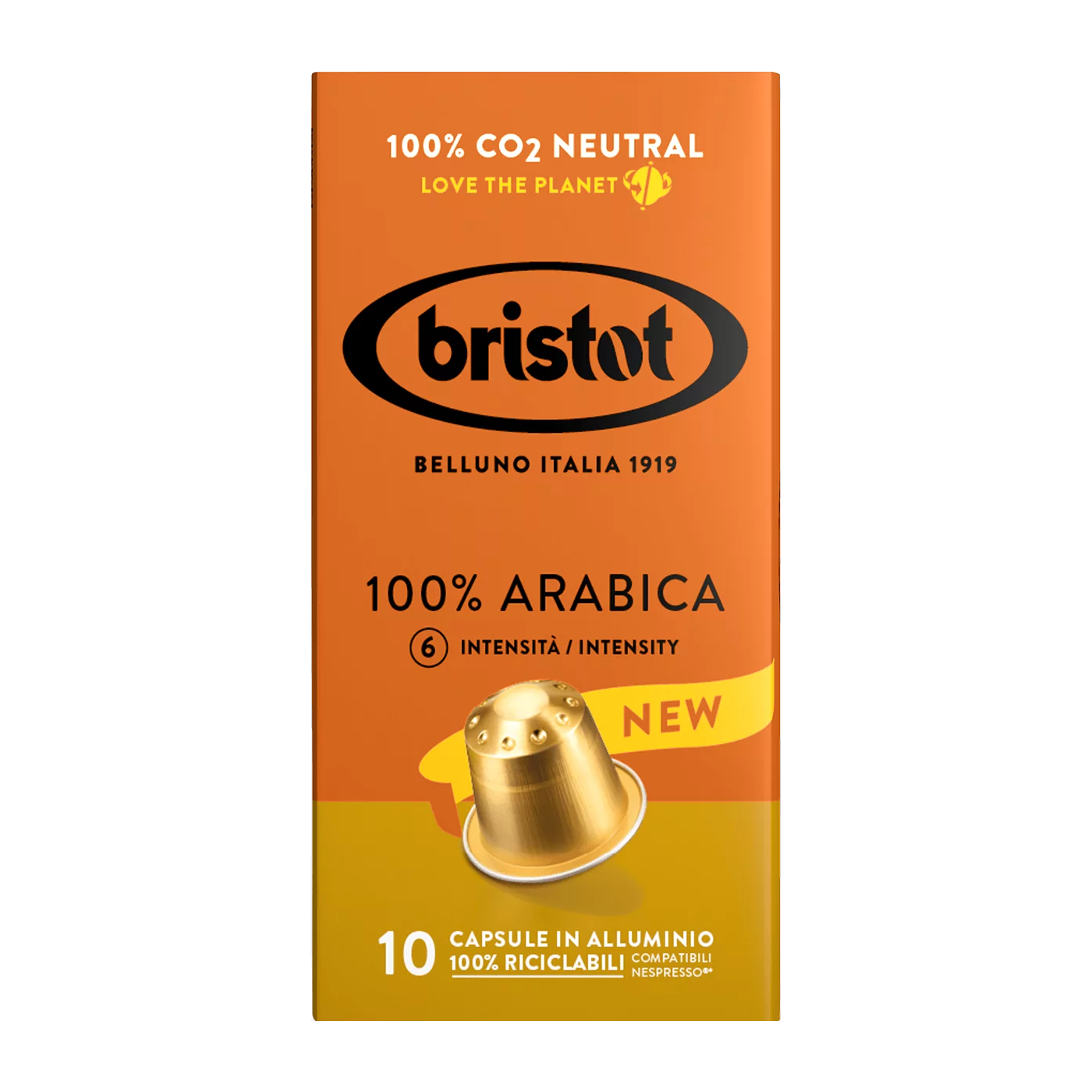 10 קפסולות אלומיניום Bristot 100% Arabica תואמות נספרסו