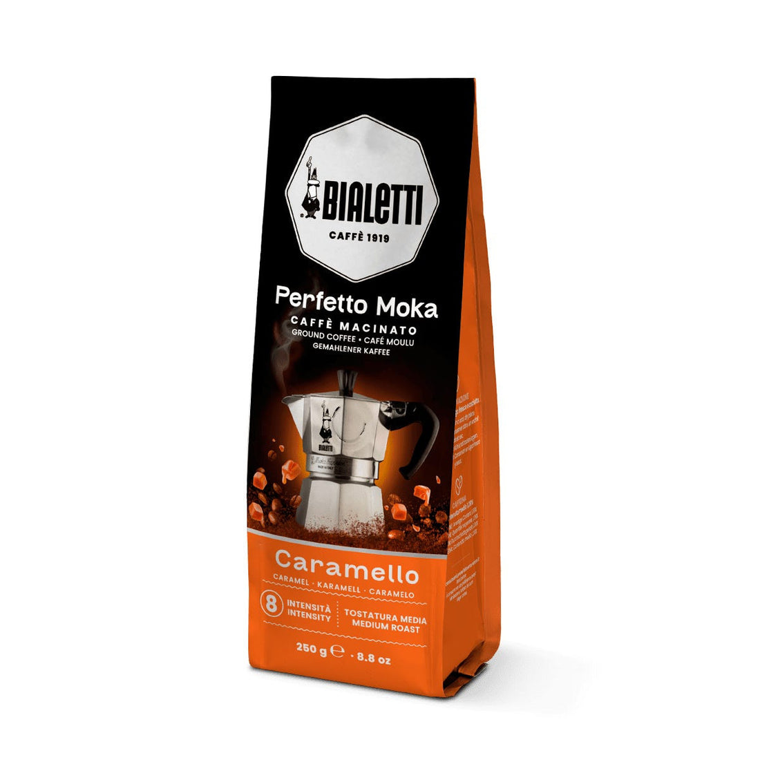 250 גרם קפה ביאלטי טחון למקינטה בטעם קרמל - Bialetti Perfetto Moka Caramello