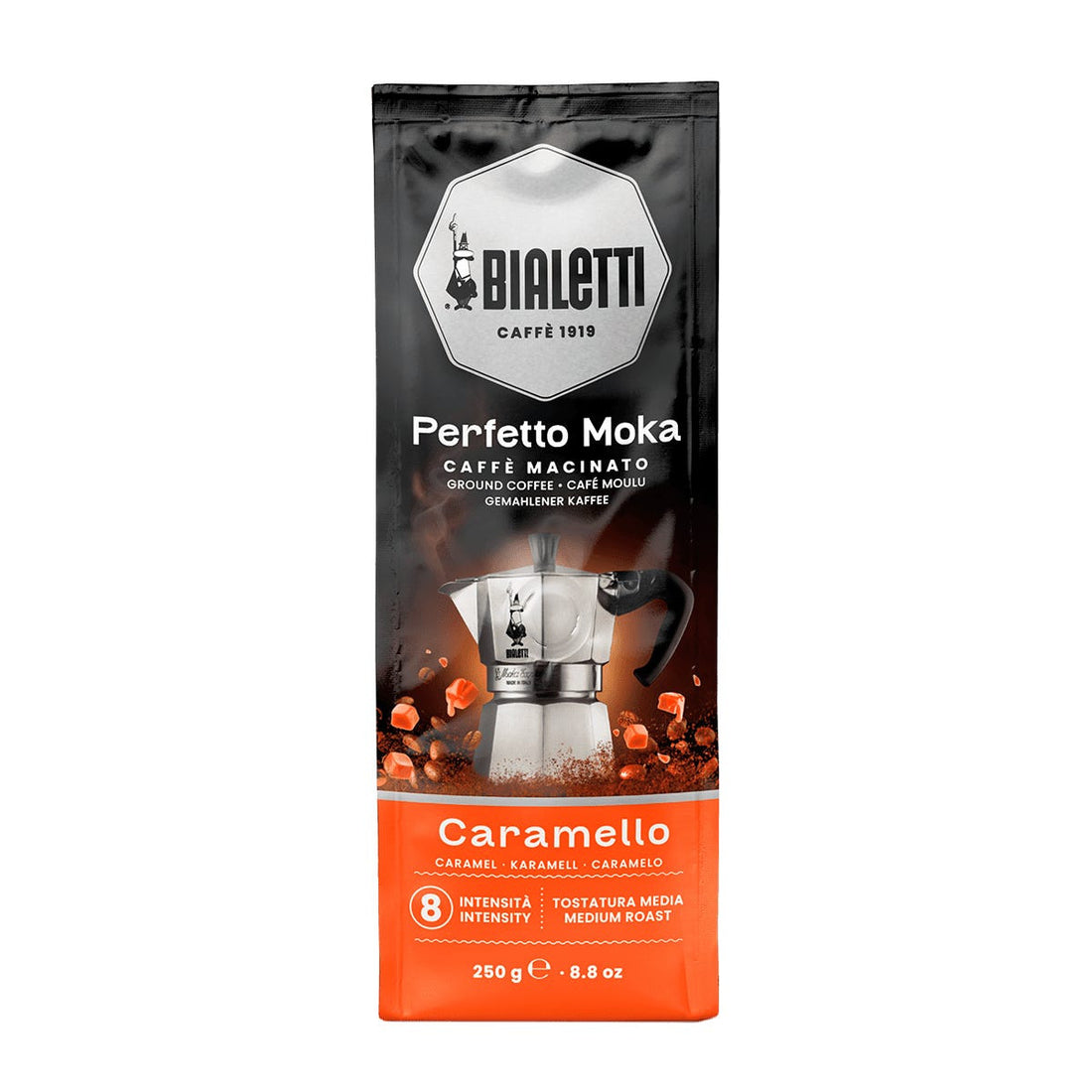 250 גרם קפה ביאלטי טחון למקינטה בטעם קרמל - Bialetti Perfetto Moka Caramello