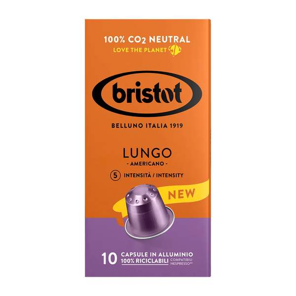 10 קפסולות אלומיניום Bristot LUNGO AMERICANO תואמות נספרסו