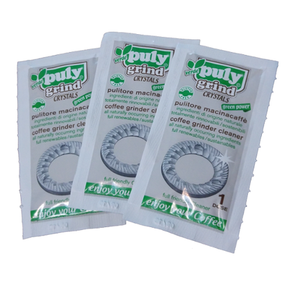3 שקיות עם חומר קריסטלי של חברת Puly לניקוי מטחנת קפה